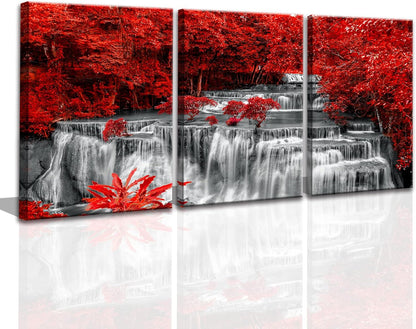Yxbhhym Black White and Red Waterfall Canvas Wall Art Forest Paintings Waterfall Artwork for Wall