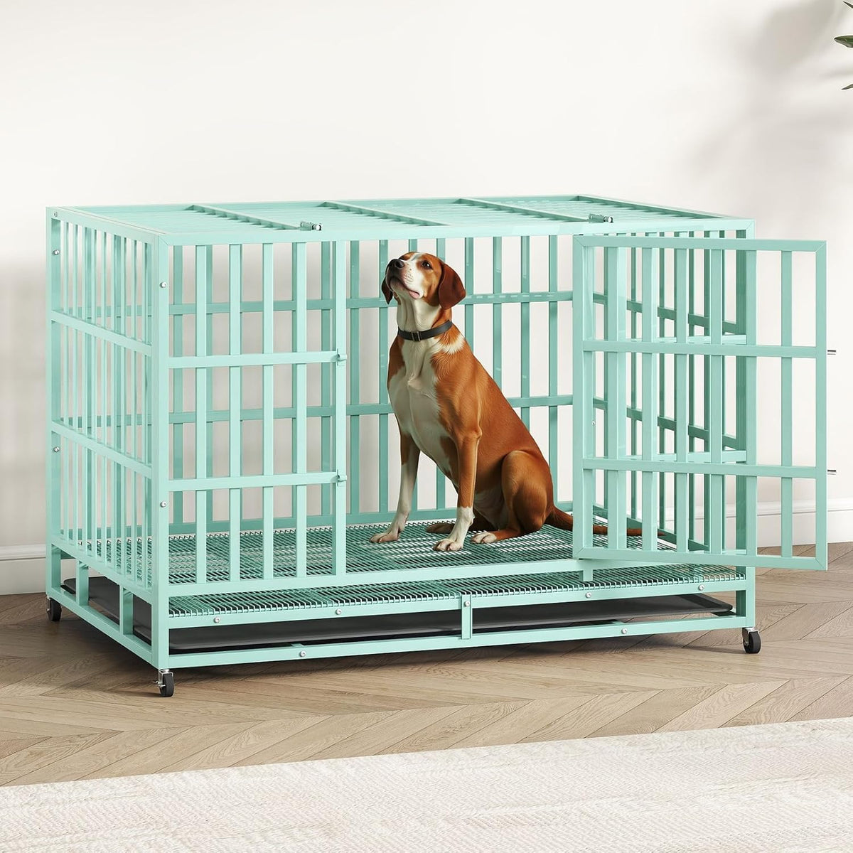 48IN Heavy Duty Dog Crate Steel Escape Proof, Indoor Double Door High Anxiety Cage Removable Tray