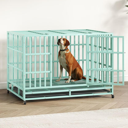 48IN Heavy Duty Dog Crate Steel Escape Proof, Indoor Double Door High Anxiety Cage Removable Tray