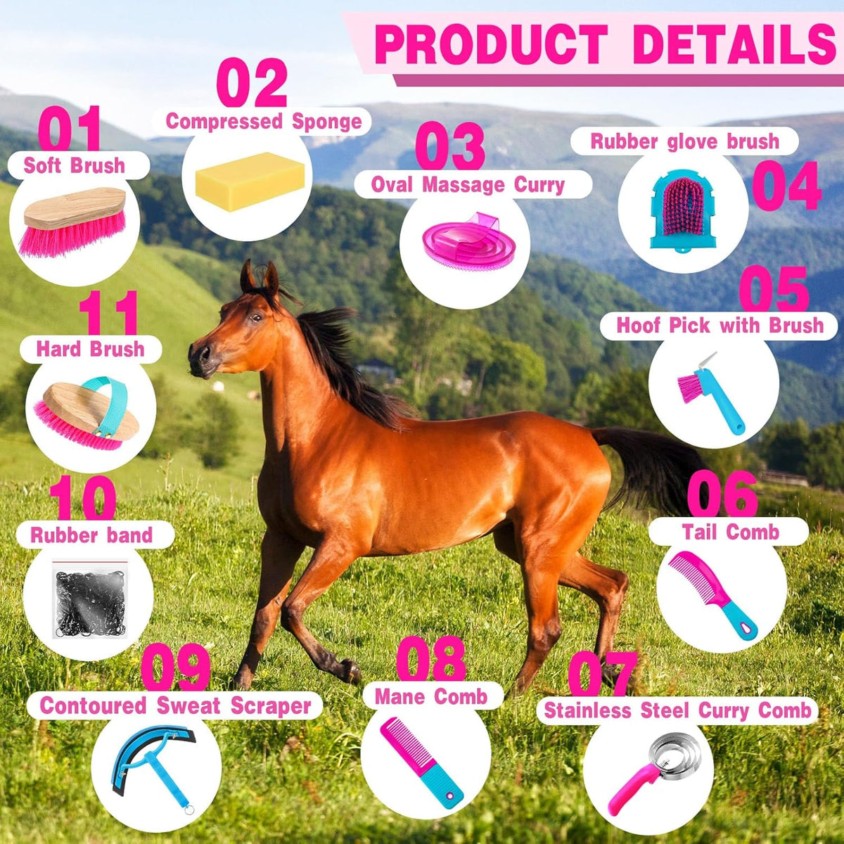 Abbylike 12 Pieces Horse Grooming Kit Racing Festival Tack Room Supplies Horse Brush Sets Equine
