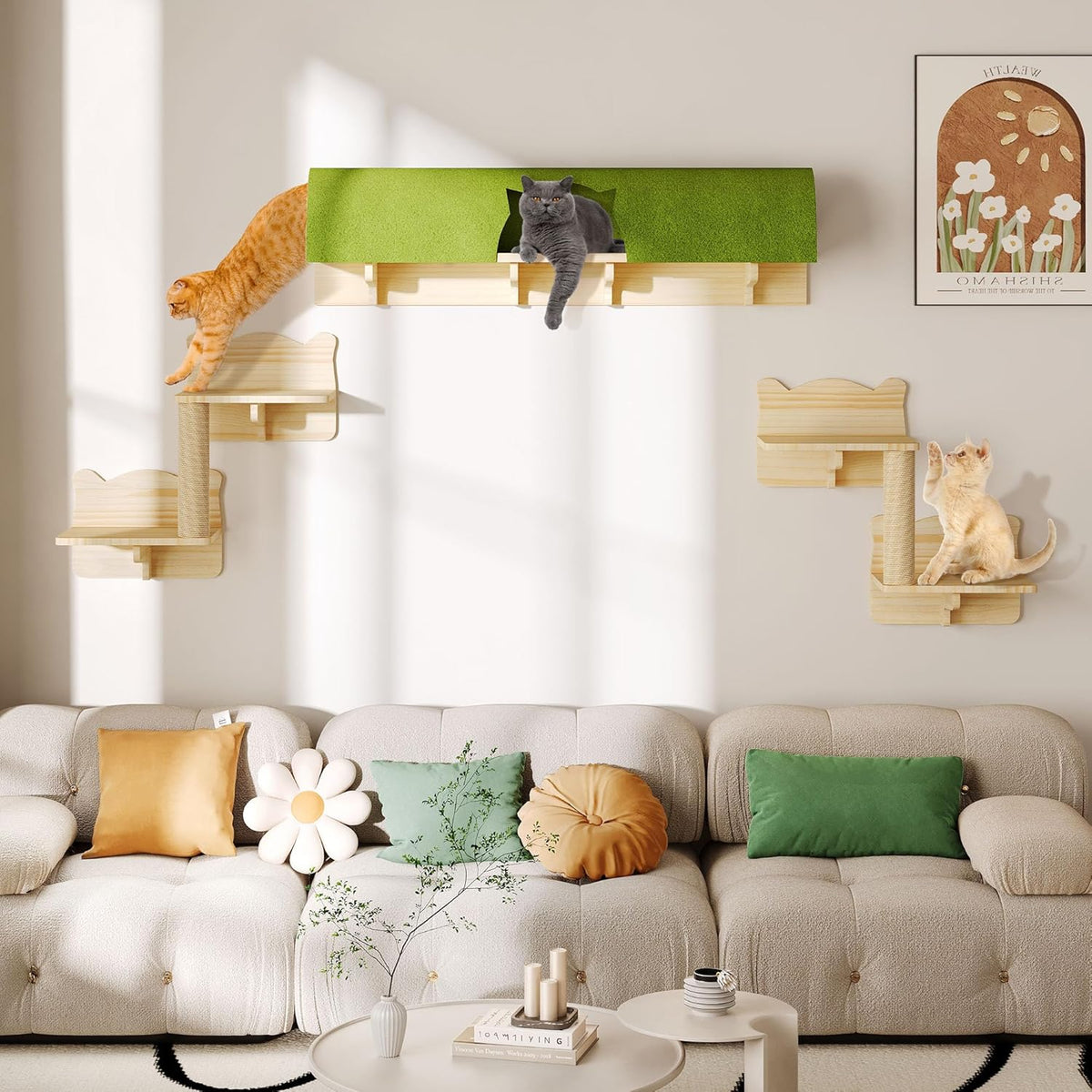 Cat Wall Shelves and Perches, Solid Wood Wall Cat Furniture, Set of 7 Feline Climbing Shelves with
