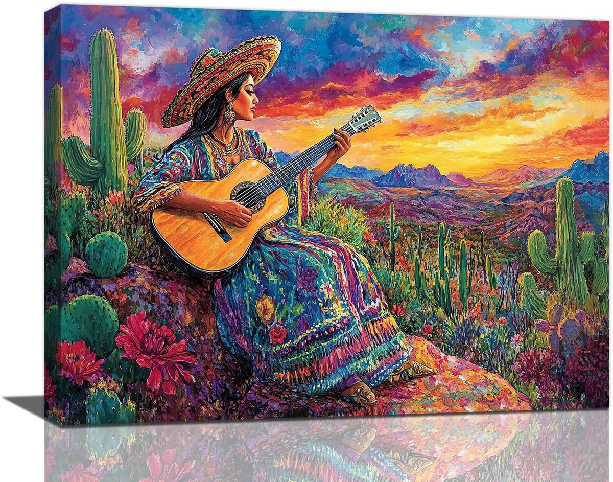 Mexican Women Pictures Wall Art, Cactus Landscape Bathroom Wall Decor, Nature Scenery Aesthetics