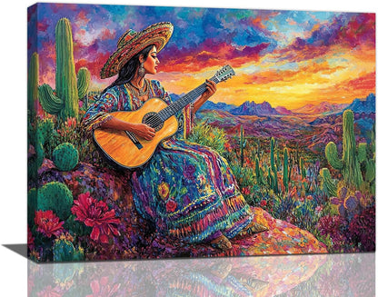 Mexican Women Pictures Wall Art, Cactus Landscape Bathroom Wall Decor, Nature Scenery Aesthetics