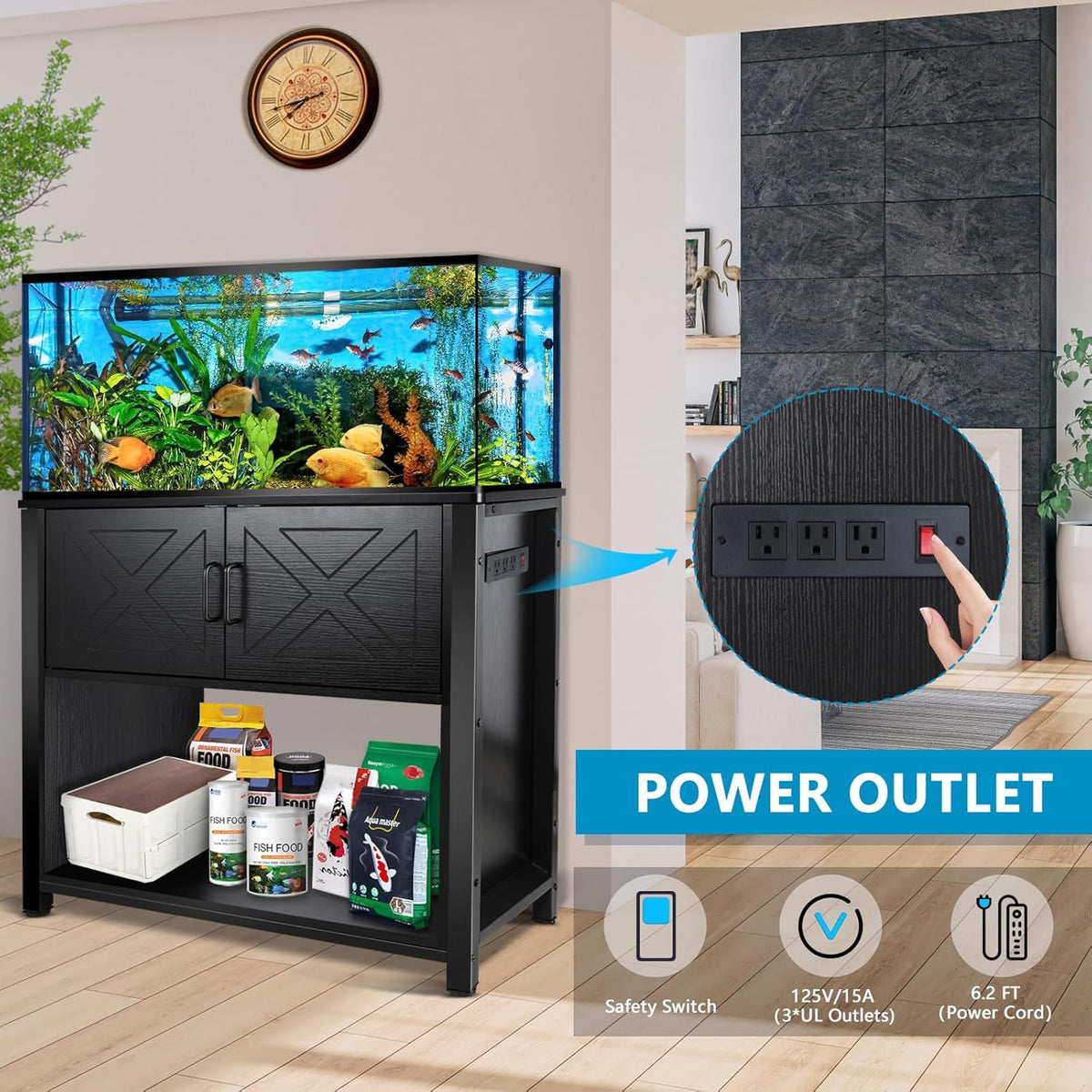 40 Gallon Tank Stand with Cabinet and Power Outlets, Heavy Duty Metal Aquarium Stand for 40-50