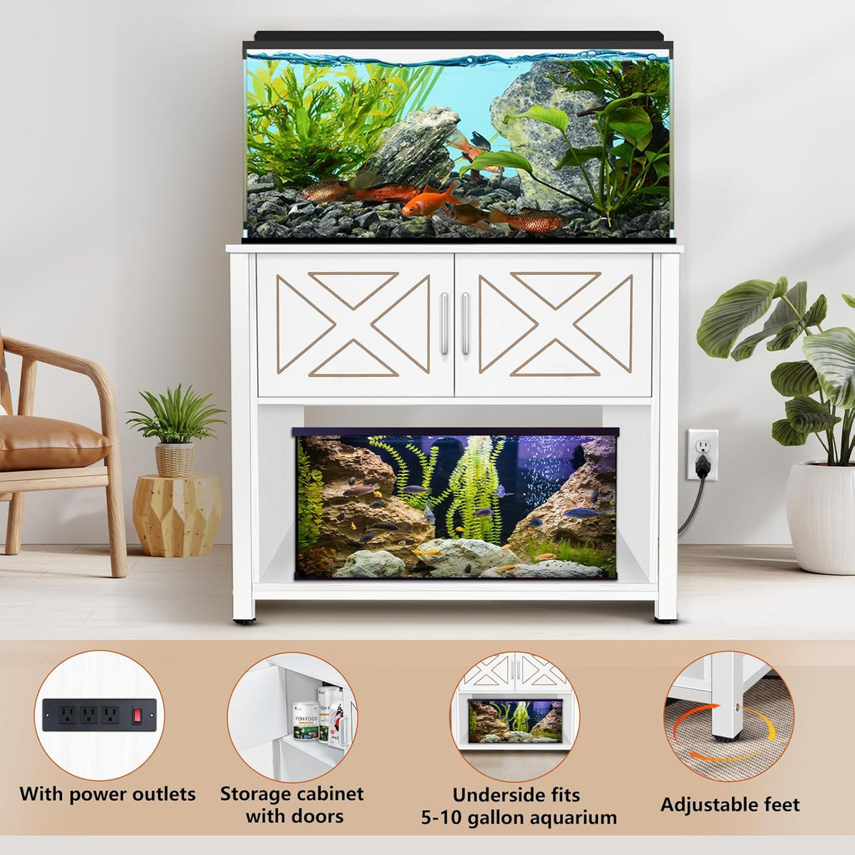 40 Gallon Tank Stand with Cabinet and Power Outlets, Heavy Duty Metal Aquarium Stand for 40-50