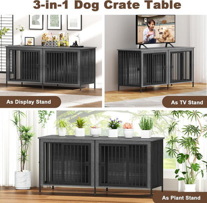 EasyCom 63" Dog Cage Furniture for 2 Pets with Divider, XL Wooden Double Dog Crate Furniture TV