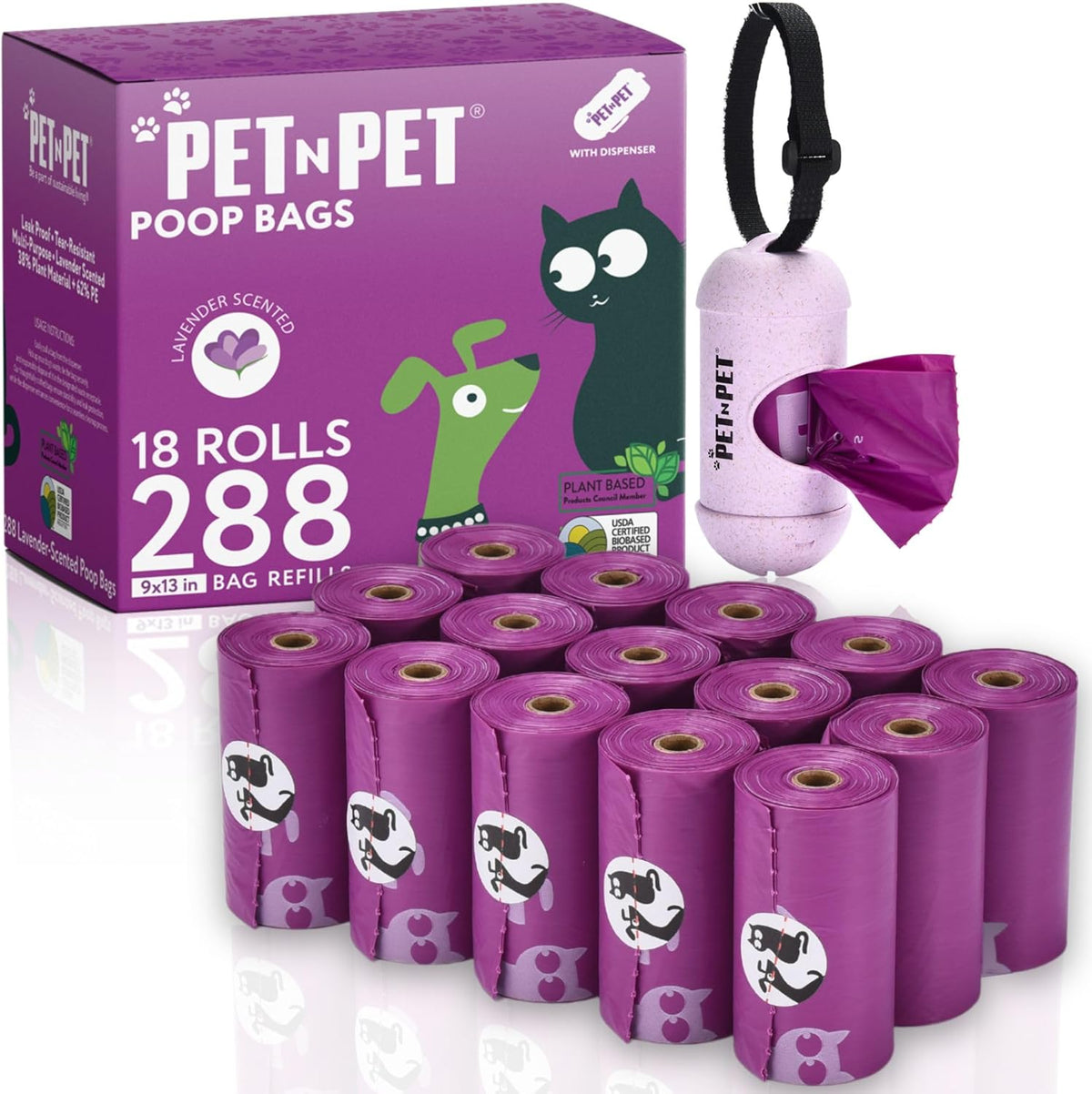 Pet N Pet Poop Bags for Dogs, 288 Counts Lavender Scented Dog Poop Bags Rolls with Leash Dispenser
