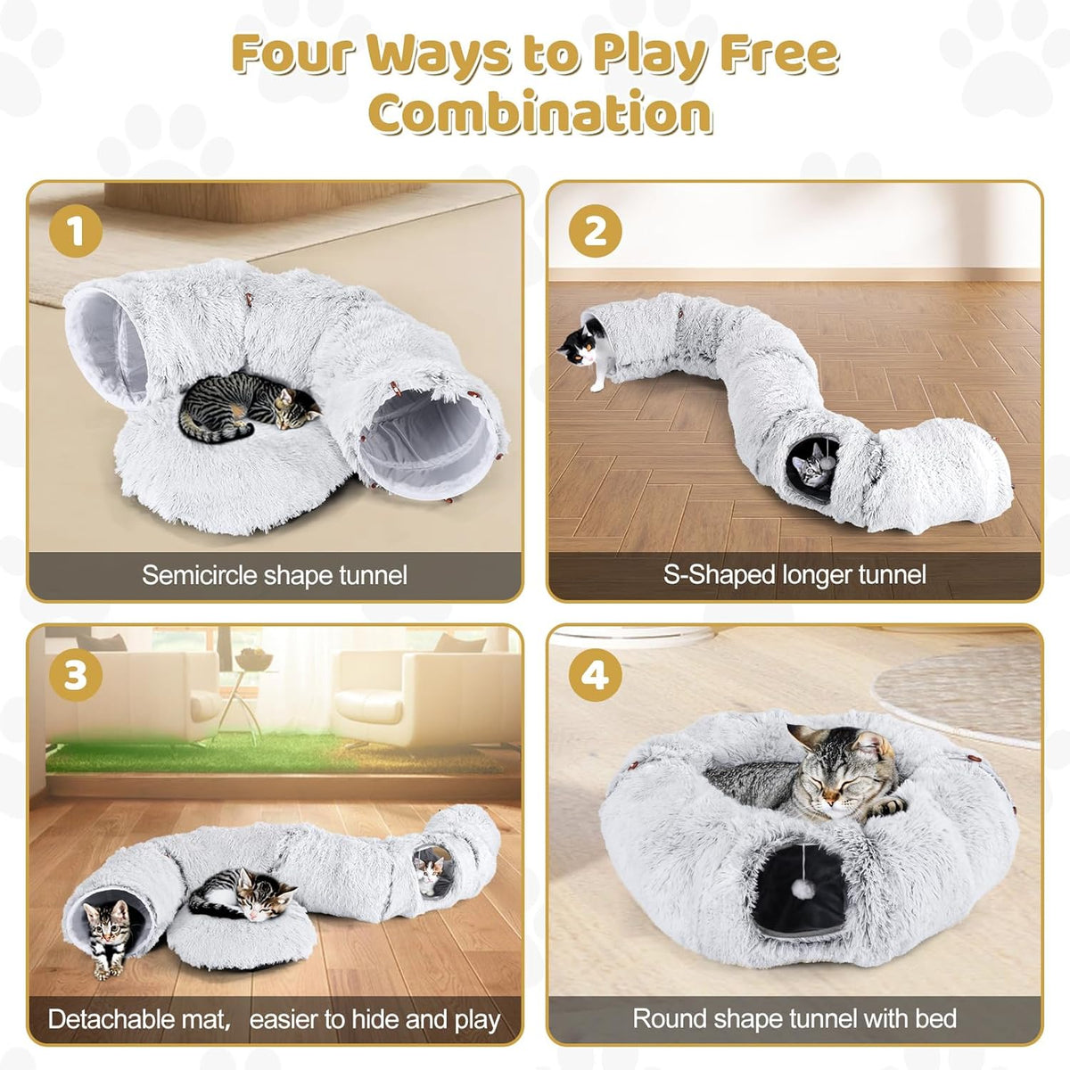 Odoland Cat Tunnel Bed with 20 Cat Toys - Indoor Plush Kitten Couch, Detachable Cats Cave Donut