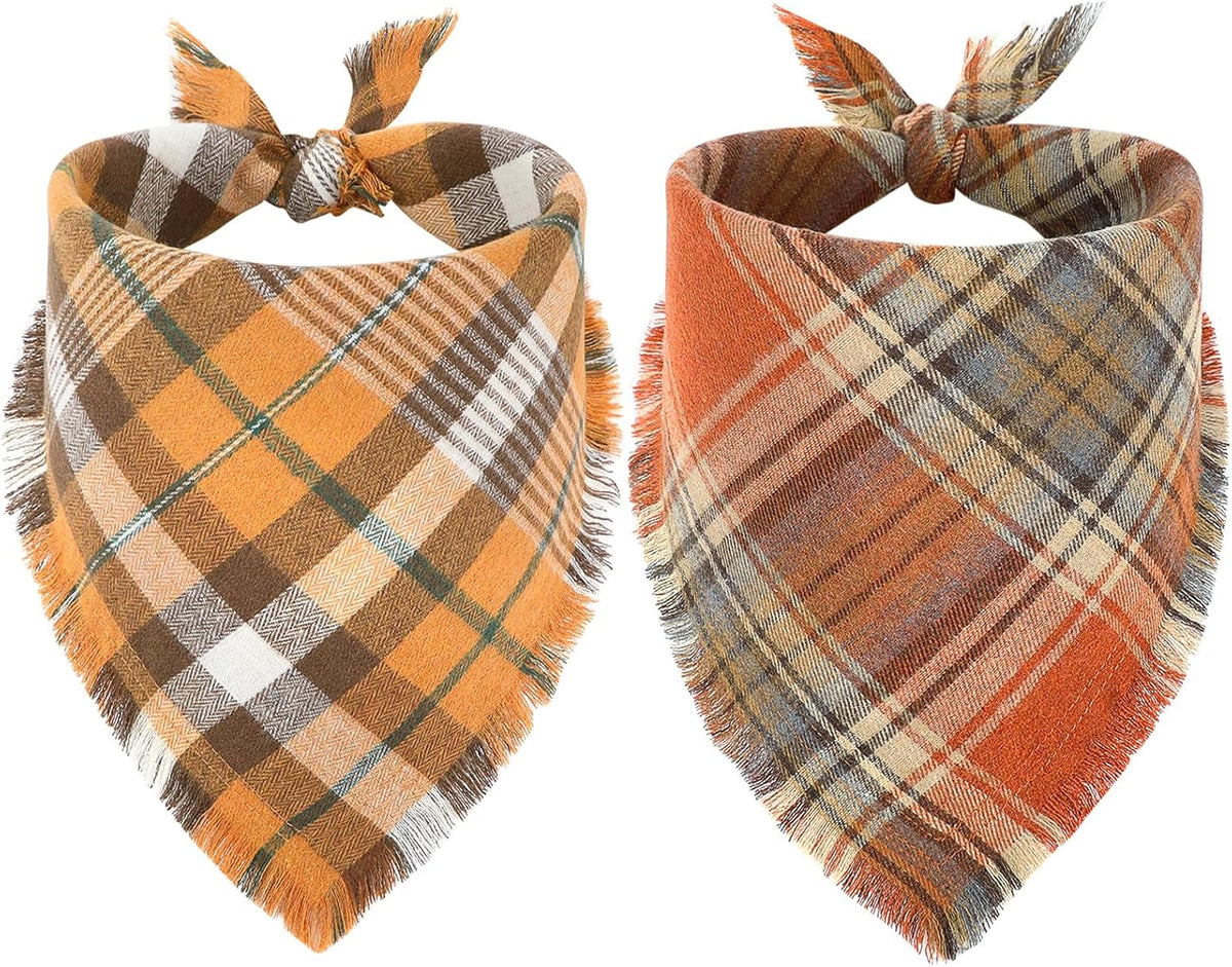 Vivifying Halloween Dog Bandana, 2 Pack Fall Thanksgiving Classic Plaid Dog Scarf with Tassels