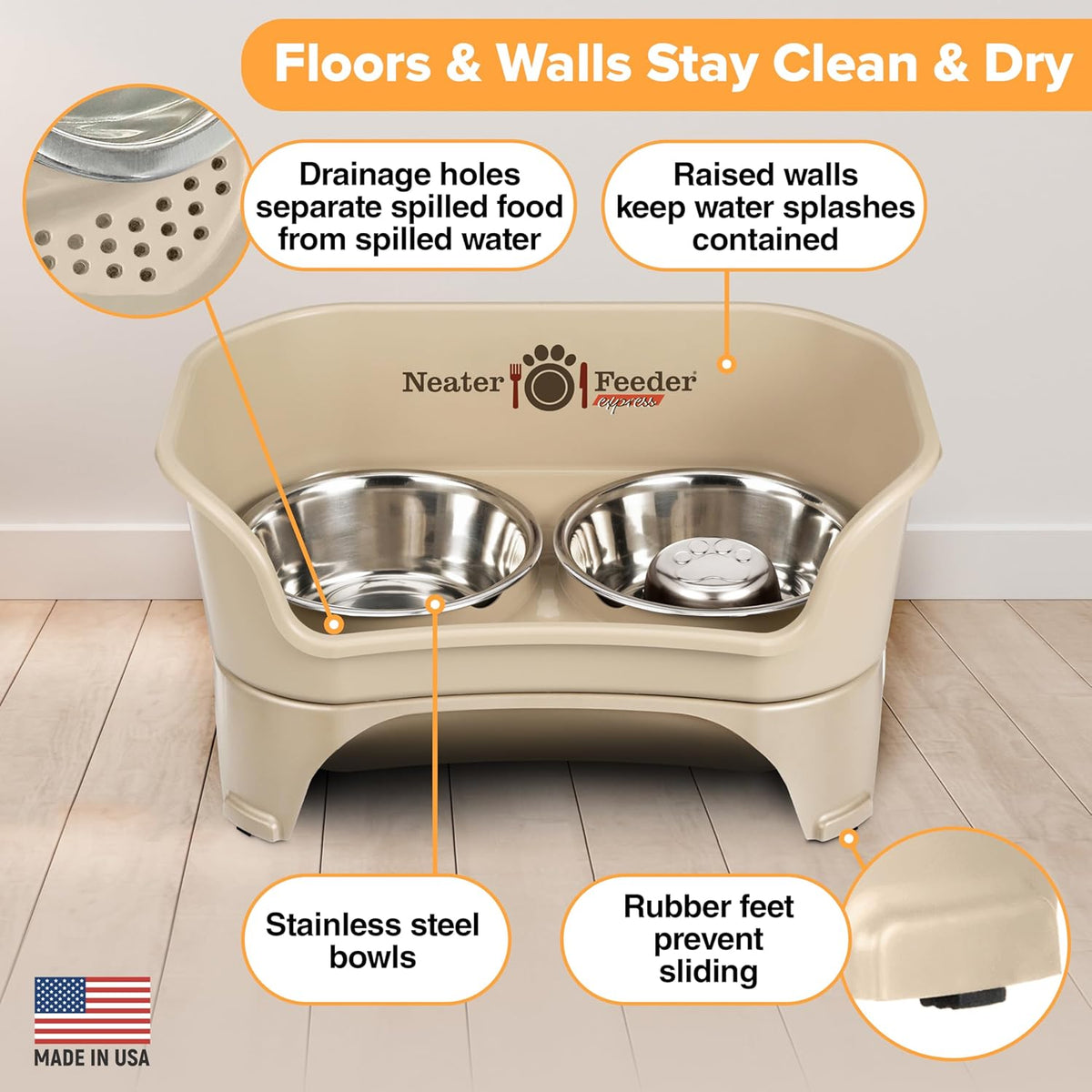 Neater Feeder - Express Model w/ Slow Feed Bowl - Mess-Proof Dog Bowls (M/L, Almond) Made in USA