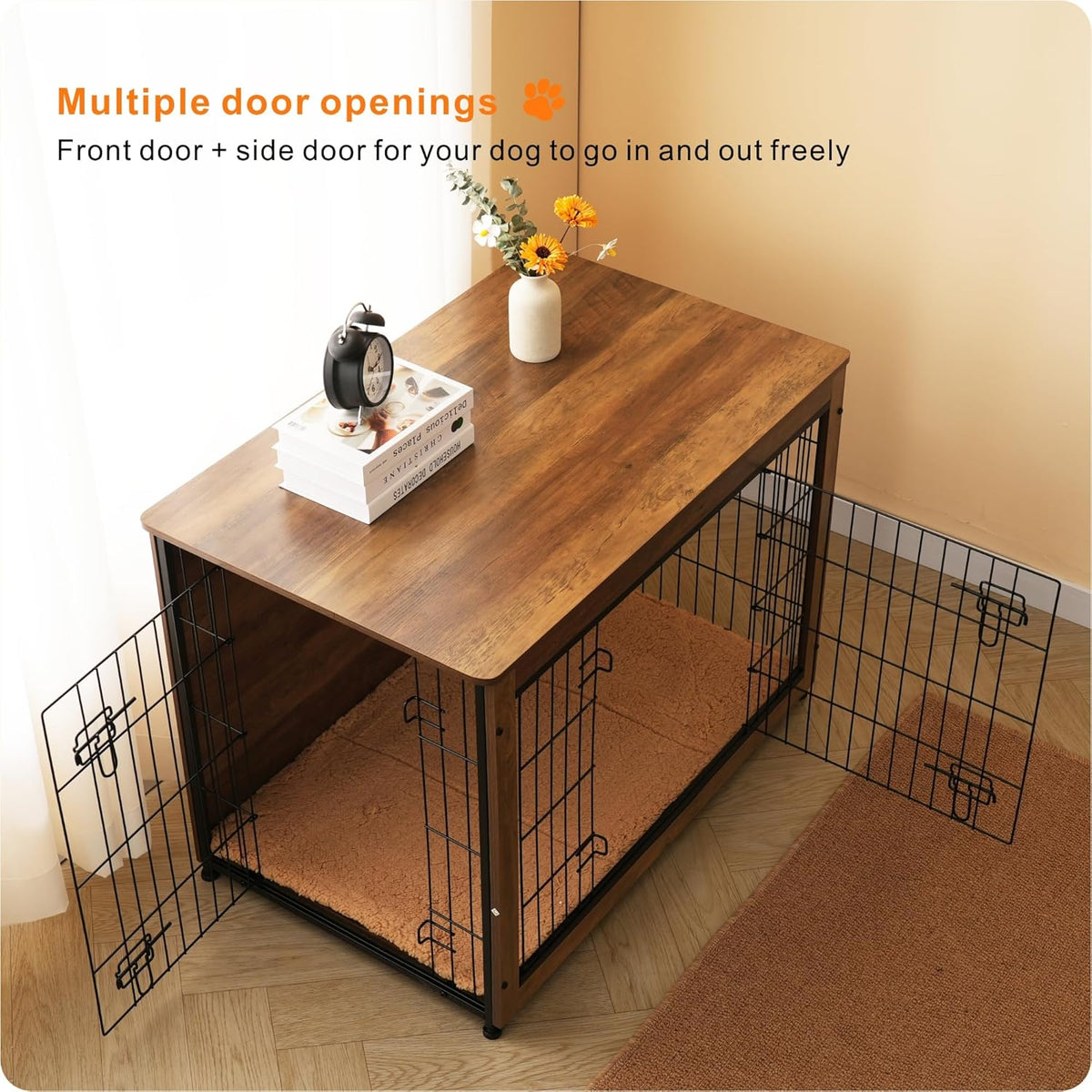 DWANTON Dog Crate Furniture with Cushion, Wooden Kennel Table with Double Doors, Indoor Dog House