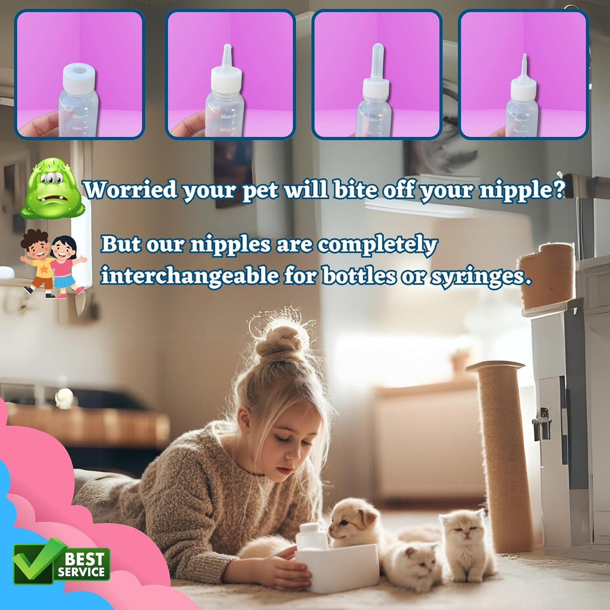 Newborn & Senior Pet Feeding Kit, Kitten/Puppy Bottle (50ml), Syringe with Silicone Nipple, Oral