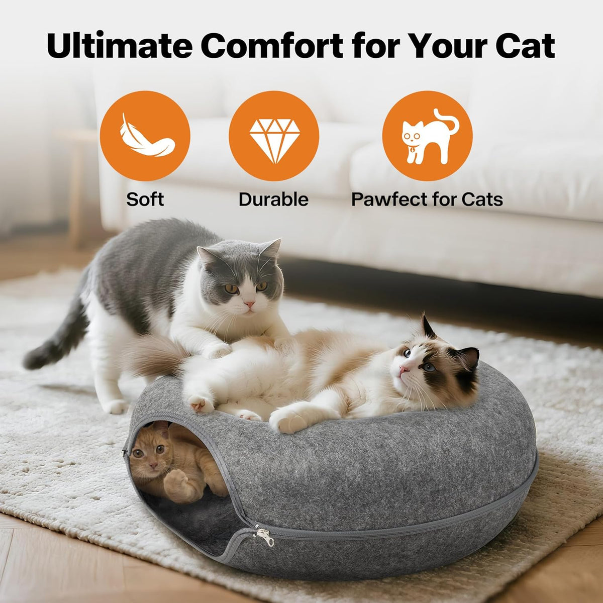 Pawise Peekaboo Cat Cave Donut Tunnel Bed, Cat Tunnel Bed,Bonus Separate Pom-Pom Bell Toy (Not