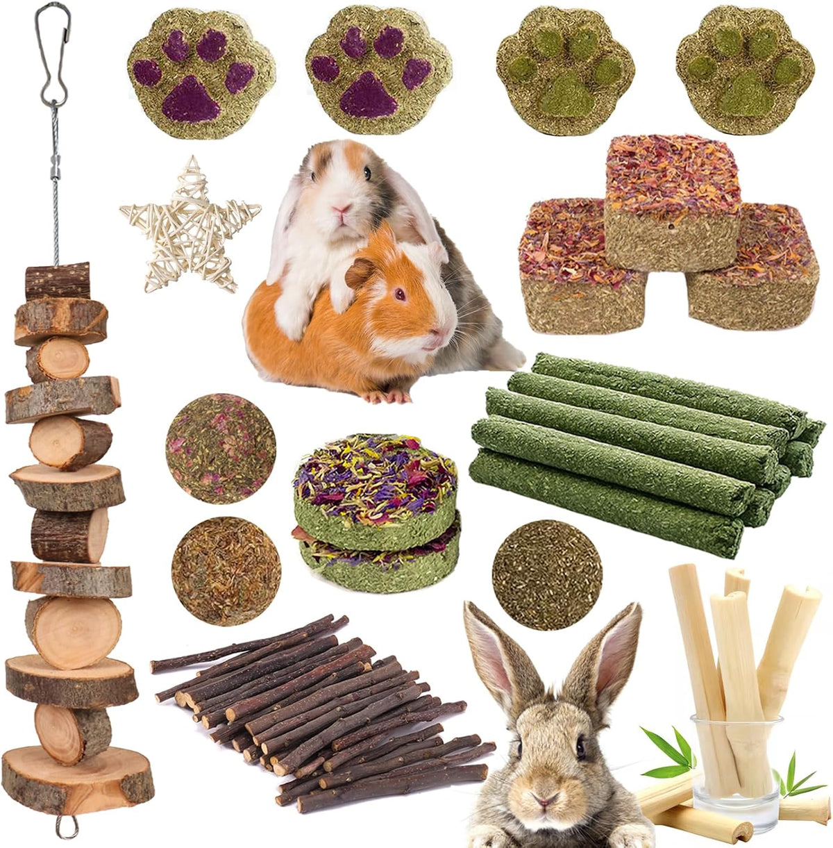 Grddaef Rabbit Toys, Guinea Pig Toys 25 Pcs Natural Timothy Hay Bunny Chews and Treats for Hamster