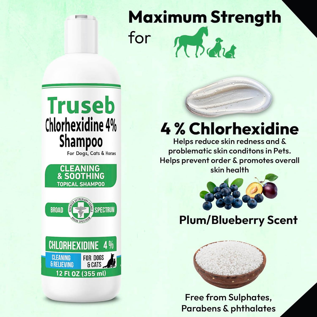 Truseb Topical Chlorhexidine 4% Shampoo for Dogs, Cats, and Horses with Plum/Blueberry Scent - 12