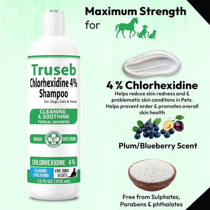 Truseb Topical Chlorhexidine 4% Shampoo for Dogs, Cats, and Horses with Plum/Blueberry Scent - 12