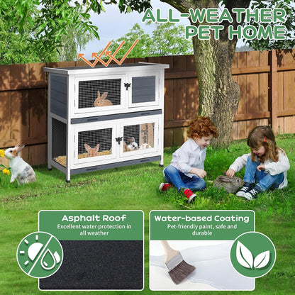2 Story Solid Wood Rabbit/Bunny Hutch with 2 Large Main Rooms, Indoor Outdoor Rabbit House Guinea