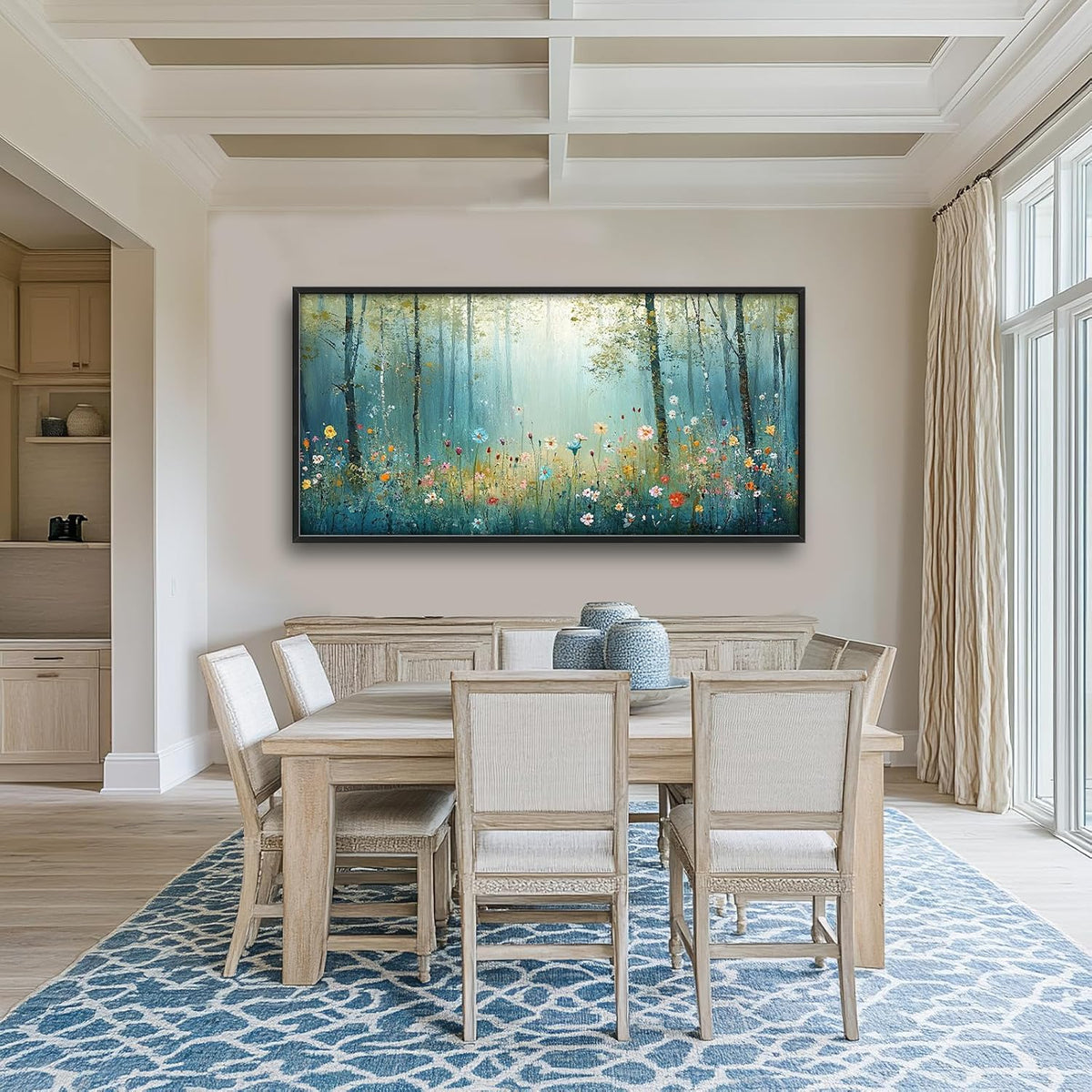 Large Forest Tree Wall Art for Living Room, Framed Oversized Wildflowers Wall Decor, Foggy