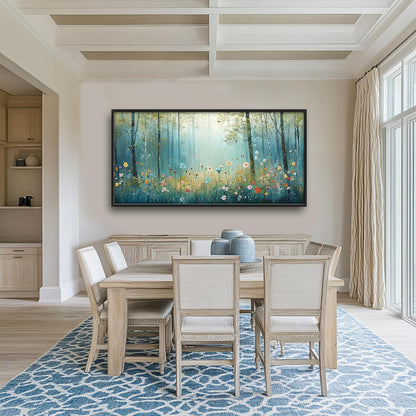 Large Forest Tree Wall Art for Living Room, Framed Oversized Wildflowers Wall Decor, Foggy