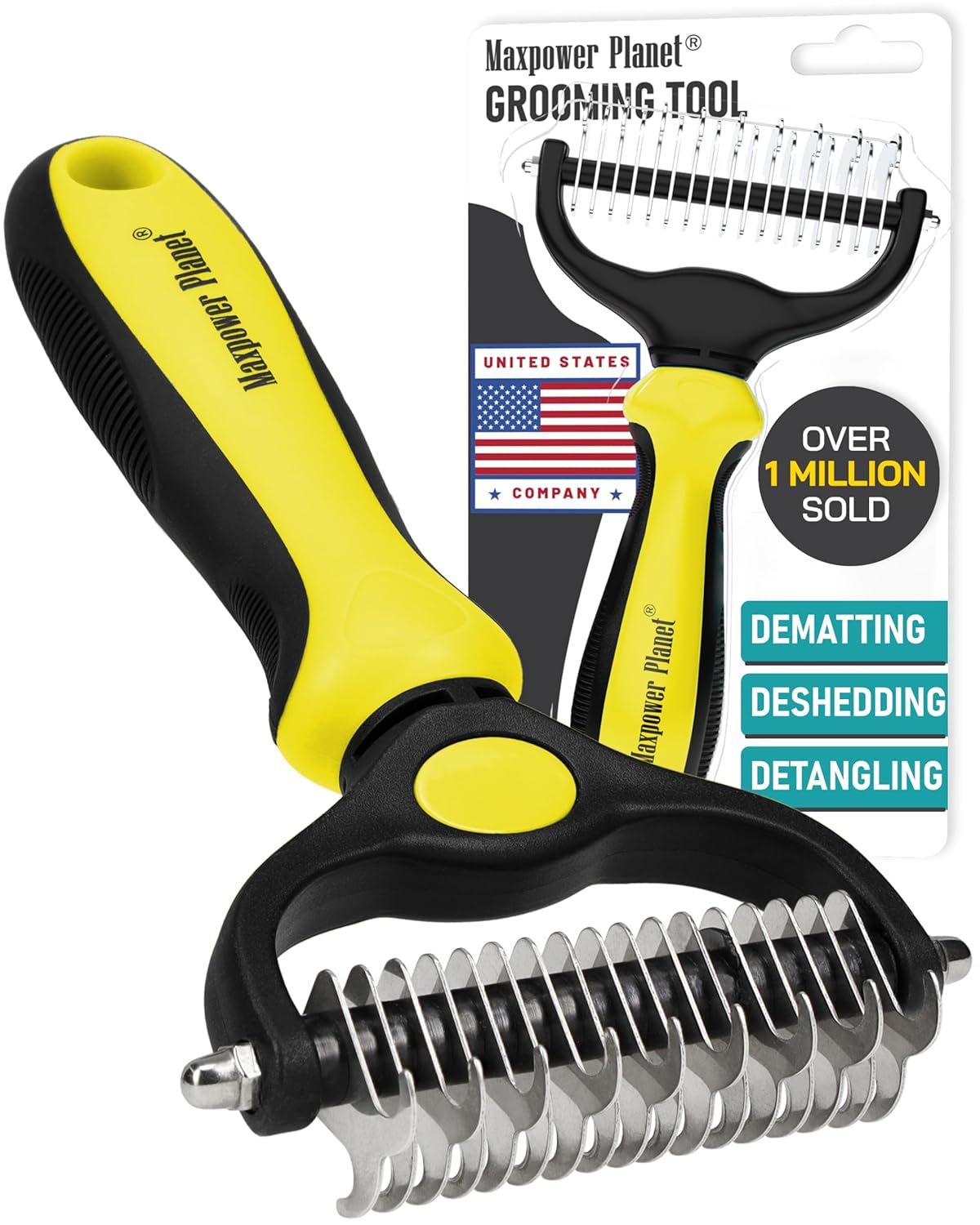 Maxpower Planet Pet Grooming Brush - Double Sided Shedding, Dematting Undercoat Rake for Dogs and