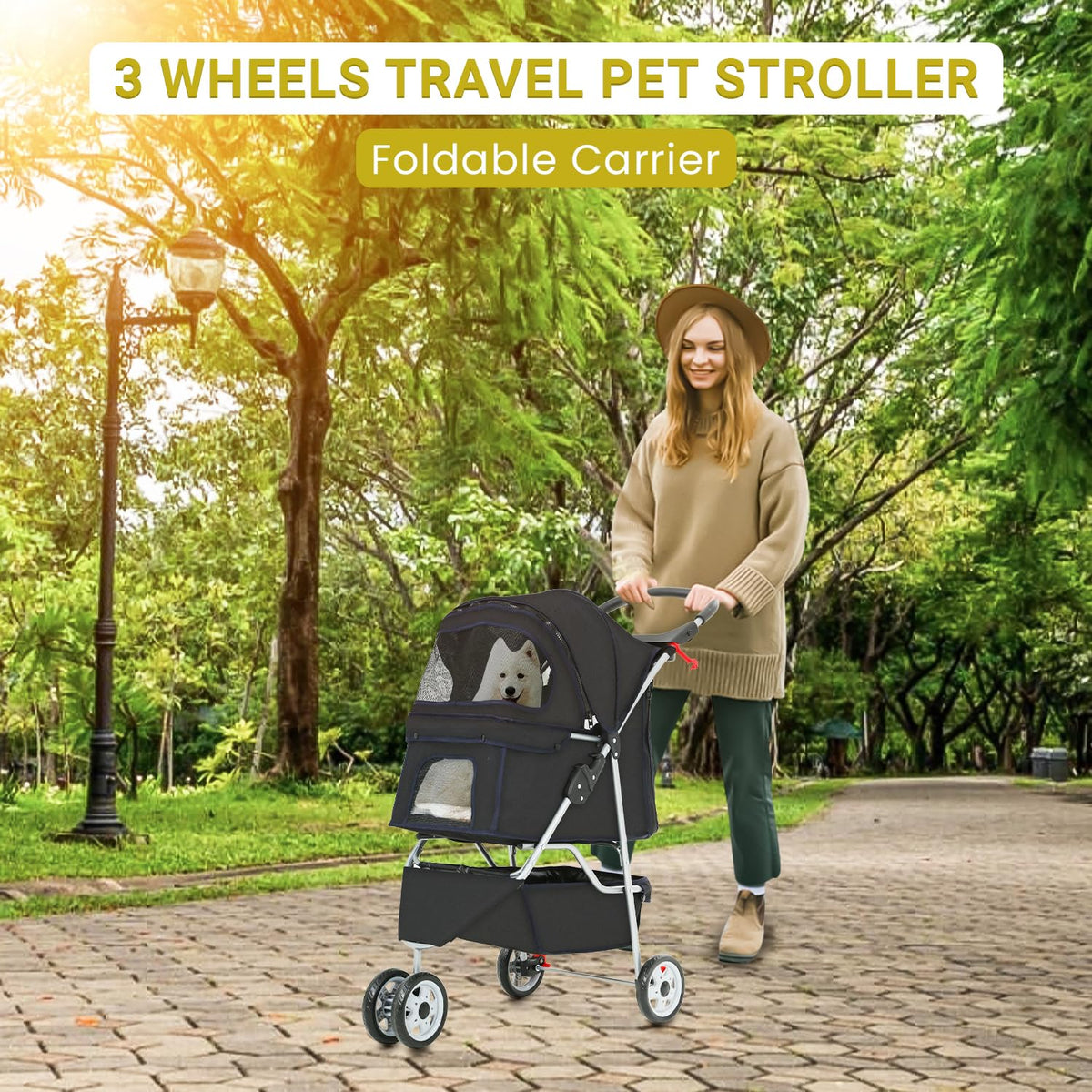 Pet Stroller Dog Stroller Portable Travel 3 Wheel Foldable Cat Stroller with Storage Basket and Cup