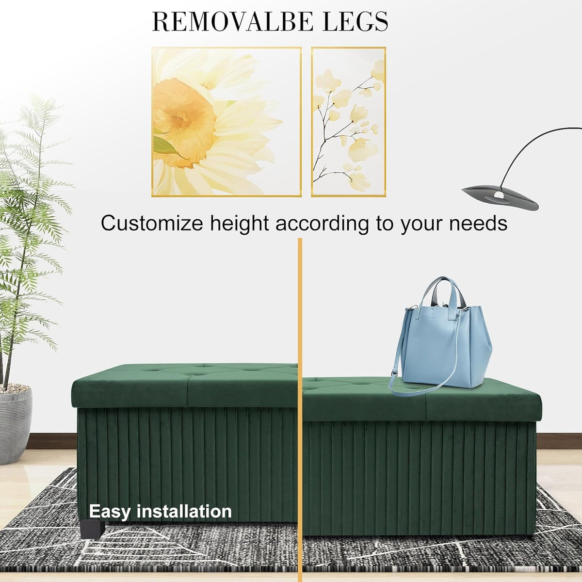 Storage Ottoman Bench, 43 Inch Foldable Ottoman with Legs, Velvet Foot Rest Stool, End of Bed