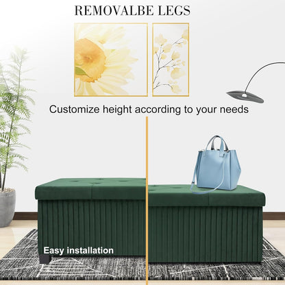 Storage Ottoman Bench, 43 Inch Foldable Ottoman with Legs, Velvet Foot Rest Stool, End of Bed