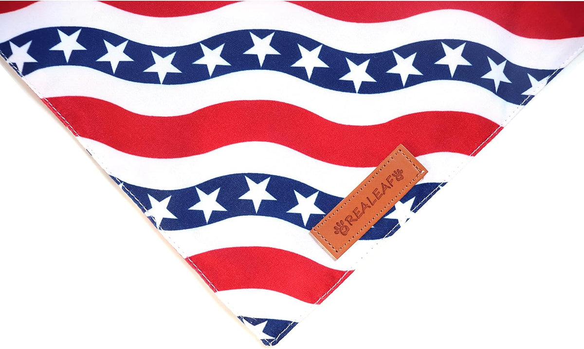 Realeaf 4th of July Dog Bandanas 2 Pack, Triangle Reversible American Flag Pet Patriotic Scarf for