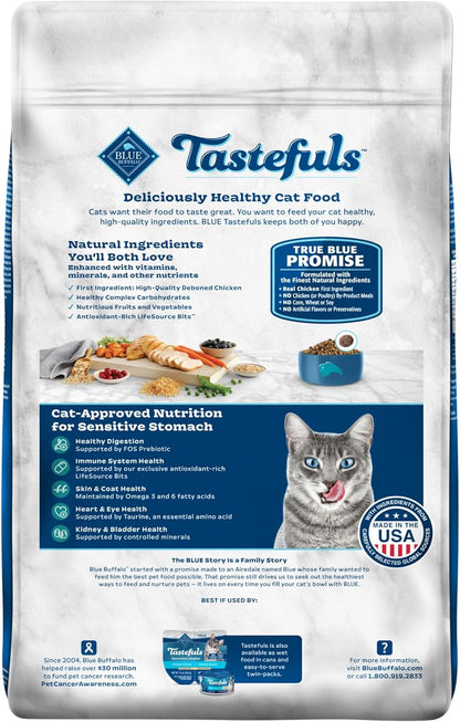 Blue Buffalo Tastefuls Natural Dry Food for Adult Cats, Sensitive Stomach, Chicken & Brown Rice