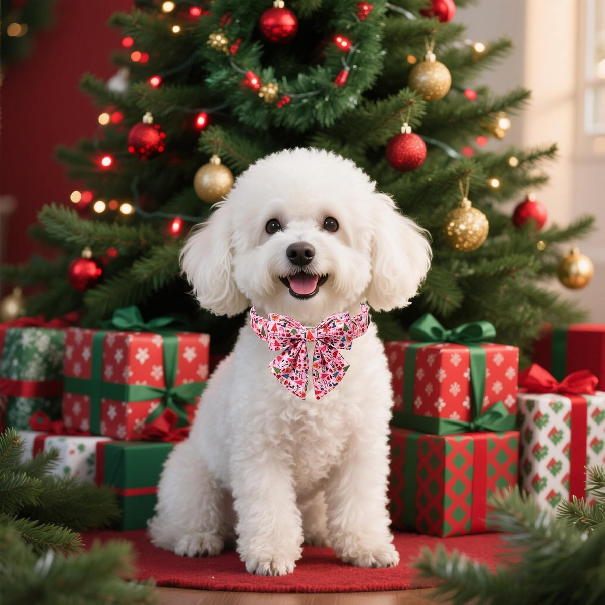 Lionet Paws Christmas Dog Collar with Sailor Bow, Cute Ho Christmas Tree Snowman Pink Dog Collar