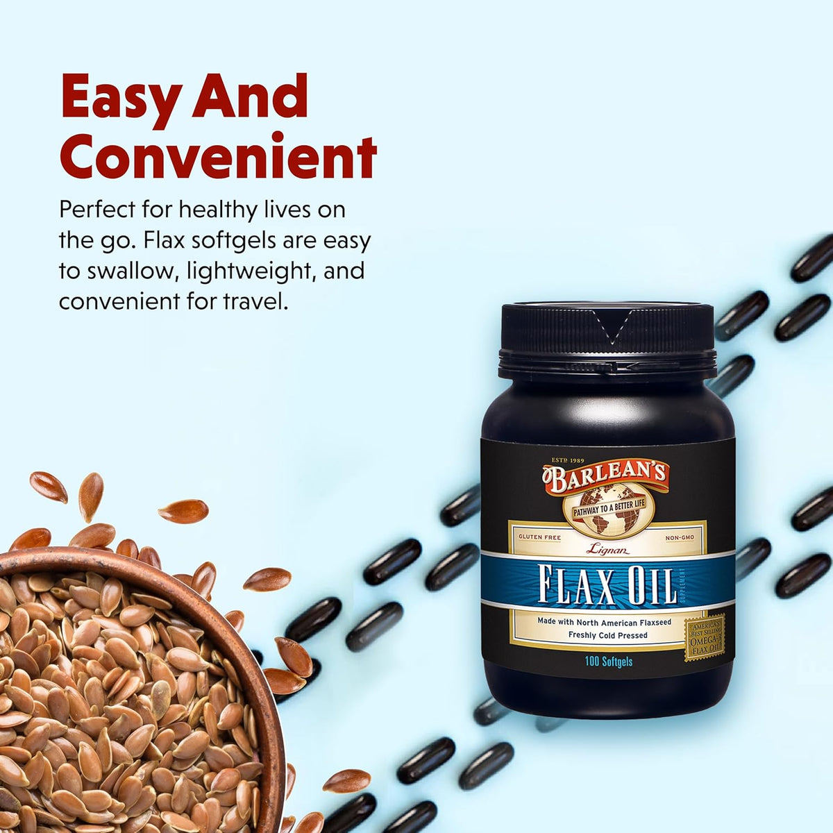 Barlean's Lignan Flaxseed Oil Softgels, Cold-Pressed Flax Seed Supplement with 1,550 mg ALA Omega-3