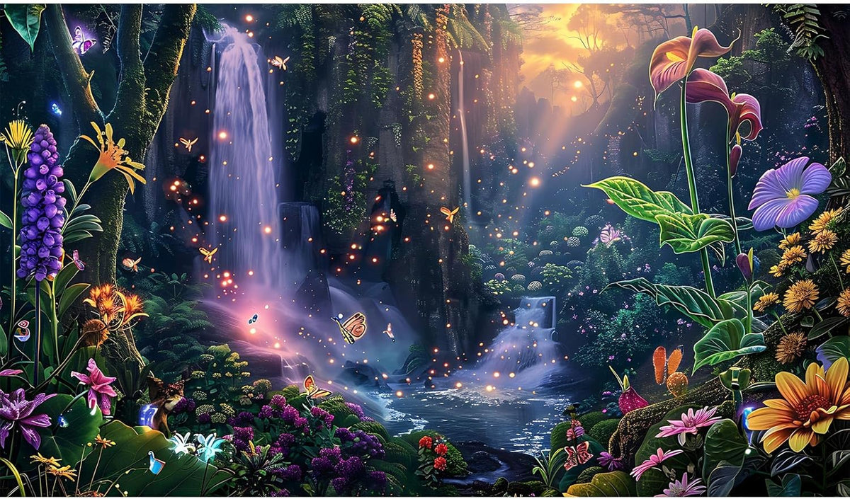 Fantasy Garden Aquarium Background Sunset Waterfall and Flowers Terrarium Backdrop Tropical Forest