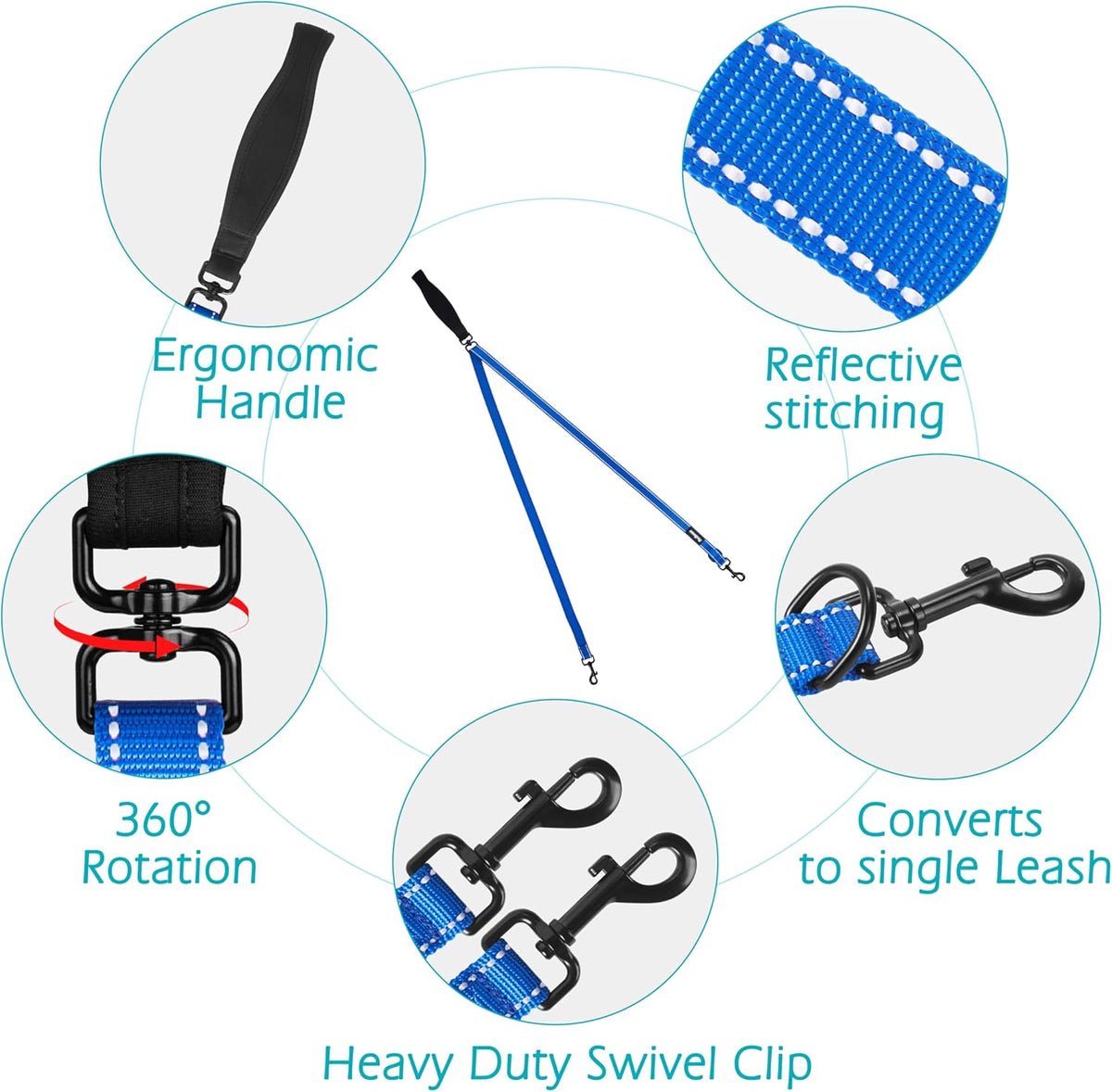 PetBonus Two Point Control Dog Leash, Works with No Pull Harnesses, No Tangle Dog Training Leashes