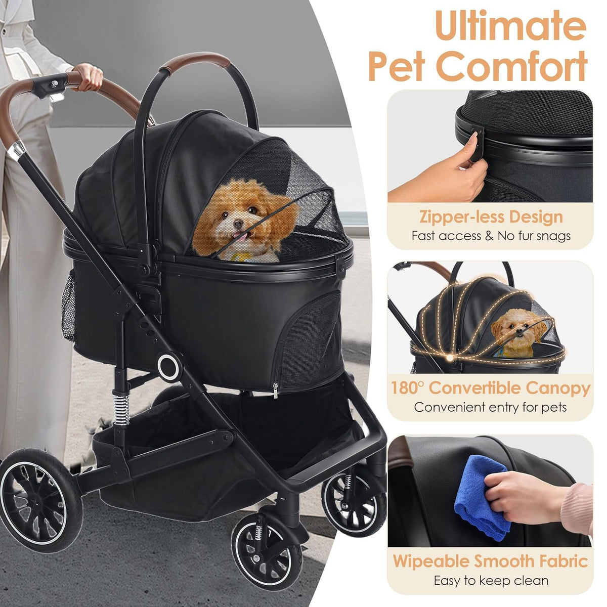 Pet Stroller with 4 Wheels, 3 IN 1 Folding Puppy Strollers for Small/Medium Dogs Cats up to 50lbs