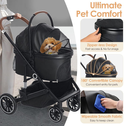Pet Stroller with 4 Wheels, 3 IN 1 Folding Puppy Strollers for Small/Medium Dogs Cats up to 50lbs