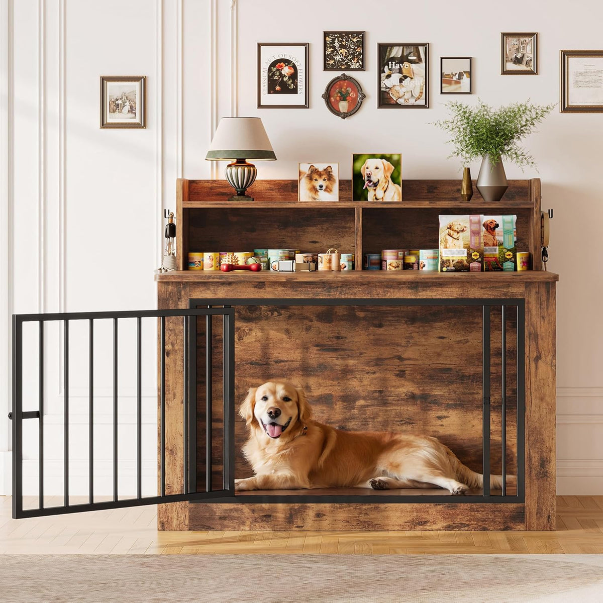 IRONCK Extra Large Dog Crate Furniture, 43.3 inches Wooden Dog Crate with Storage and 4 Hooks
