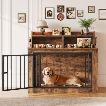 IRONCK Extra Large Dog Crate Furniture, 43.3 inches Wooden Dog Crate with Storage and 4 Hooks