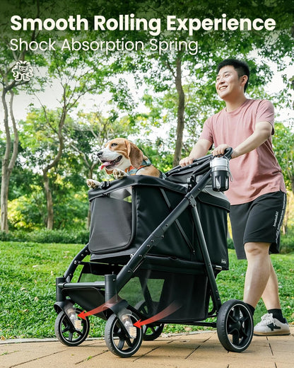 Medium Dog Stroller, Foldable Pet Stroller with Adjustable Handle & No Zip Entry, Storage Basket &