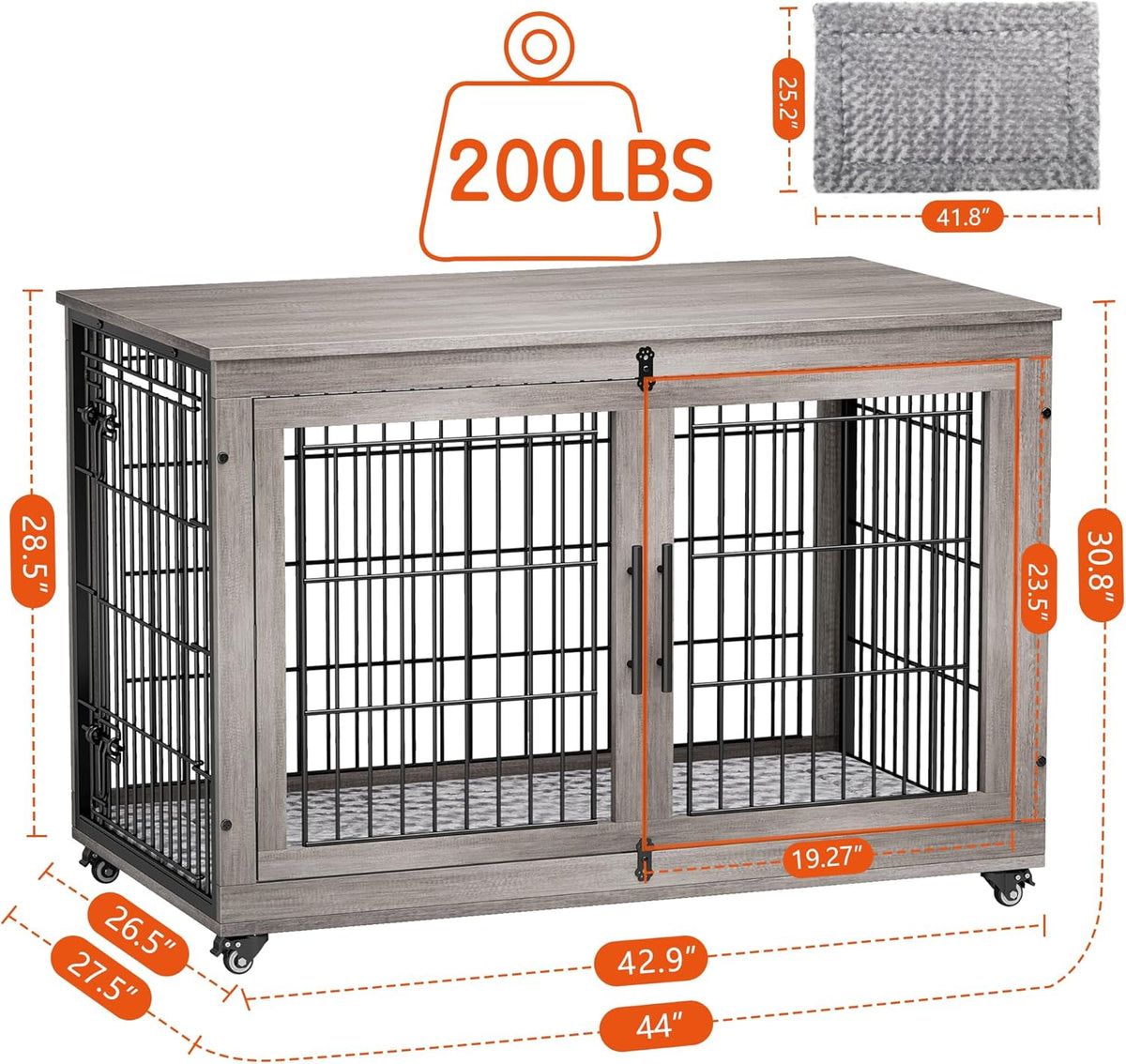 Lulive Dog Crate Furniture, XL Wooden Dog Kennel Indoor Double Doors Dog Cage, 44'' Heavy Duty Dog