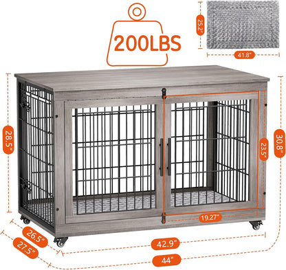 Lulive Dog Crate Furniture, XL Wooden Dog Kennel Indoor Double Doors Dog Cage, 44'' Heavy Duty Dog