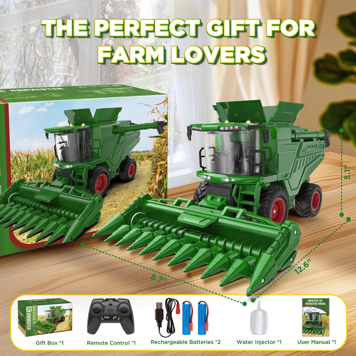 Remote Control Combine Harvester Tractor Toy with Corn Head, RC Tractor Toys for Kids 3+