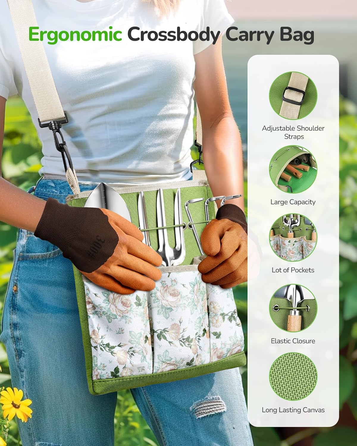 All-in-One Garden Tool Set, 11-Piece Heavy Duty Gardening Tools with Ergonomic Canvas Shoulder