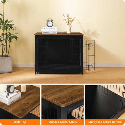 DWANTON Dog Crate Furniture with Cushion, Wooden Kennel Table with Double Doors, Indoor Dog House
