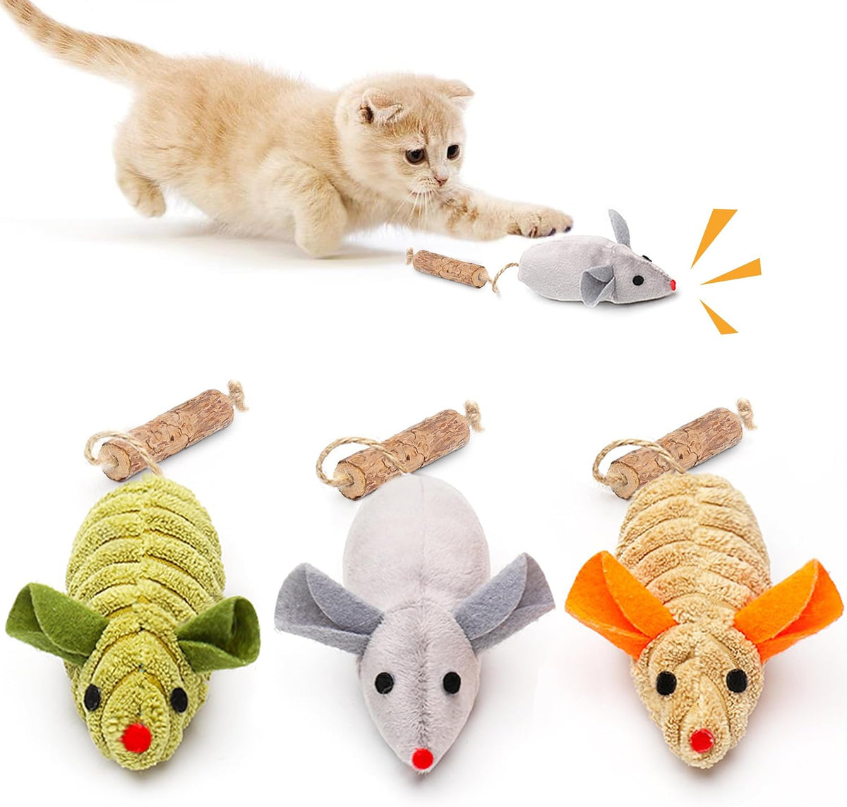Potaroma Cat Toys: 3pcs Squeak Mice Interactive Catnip Silvervine Animals for Indoor Kittens