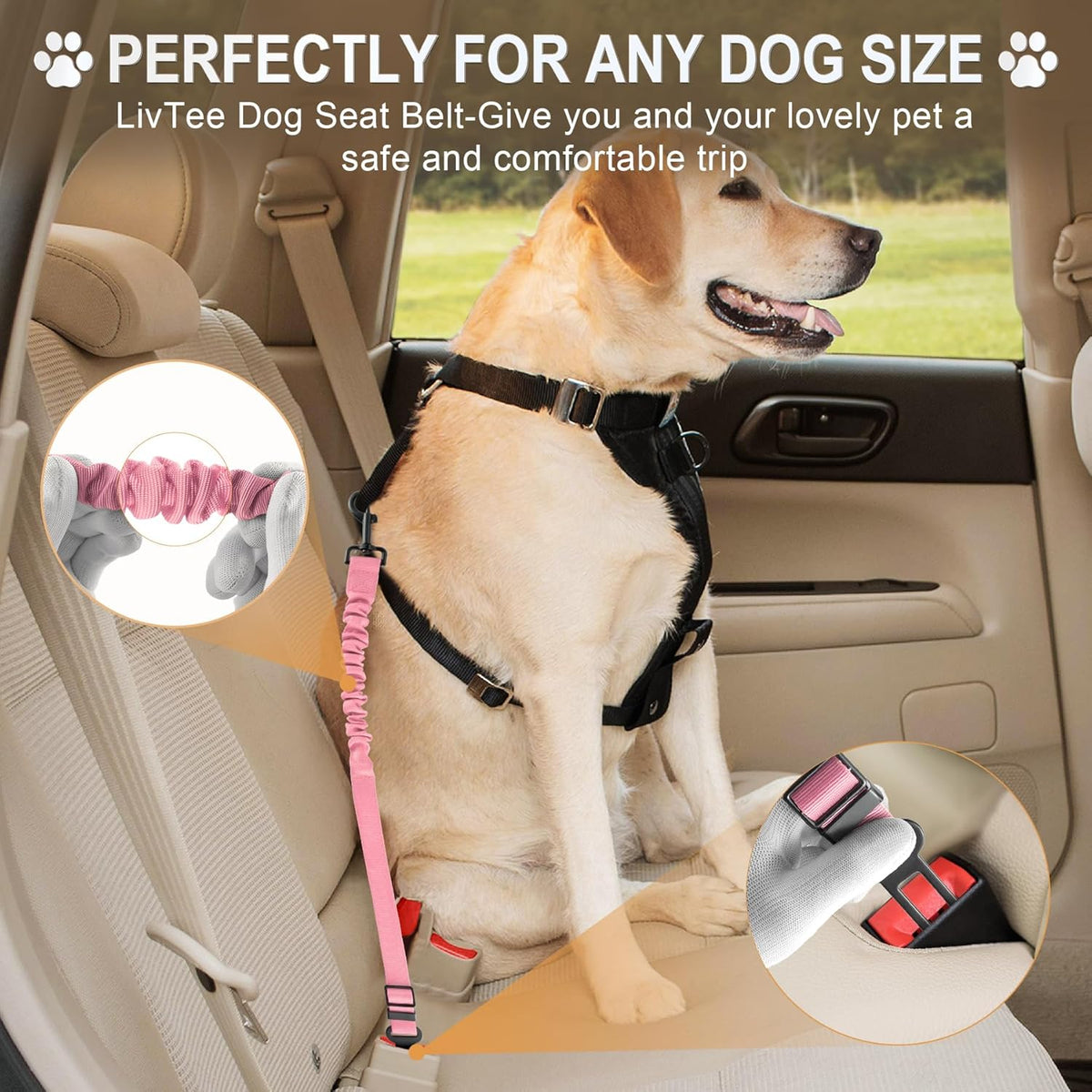LivTee Dog Seat Belt for Car, Retractable Pet Safety Harness, Adjustable Nylon Dog Seatbelt Leash