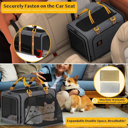 PAWZIDEA Expandable Large Pet Carrier, 24"X16"X16" Top Load Cat Carrier Bag for 2 Cats, Collapsible