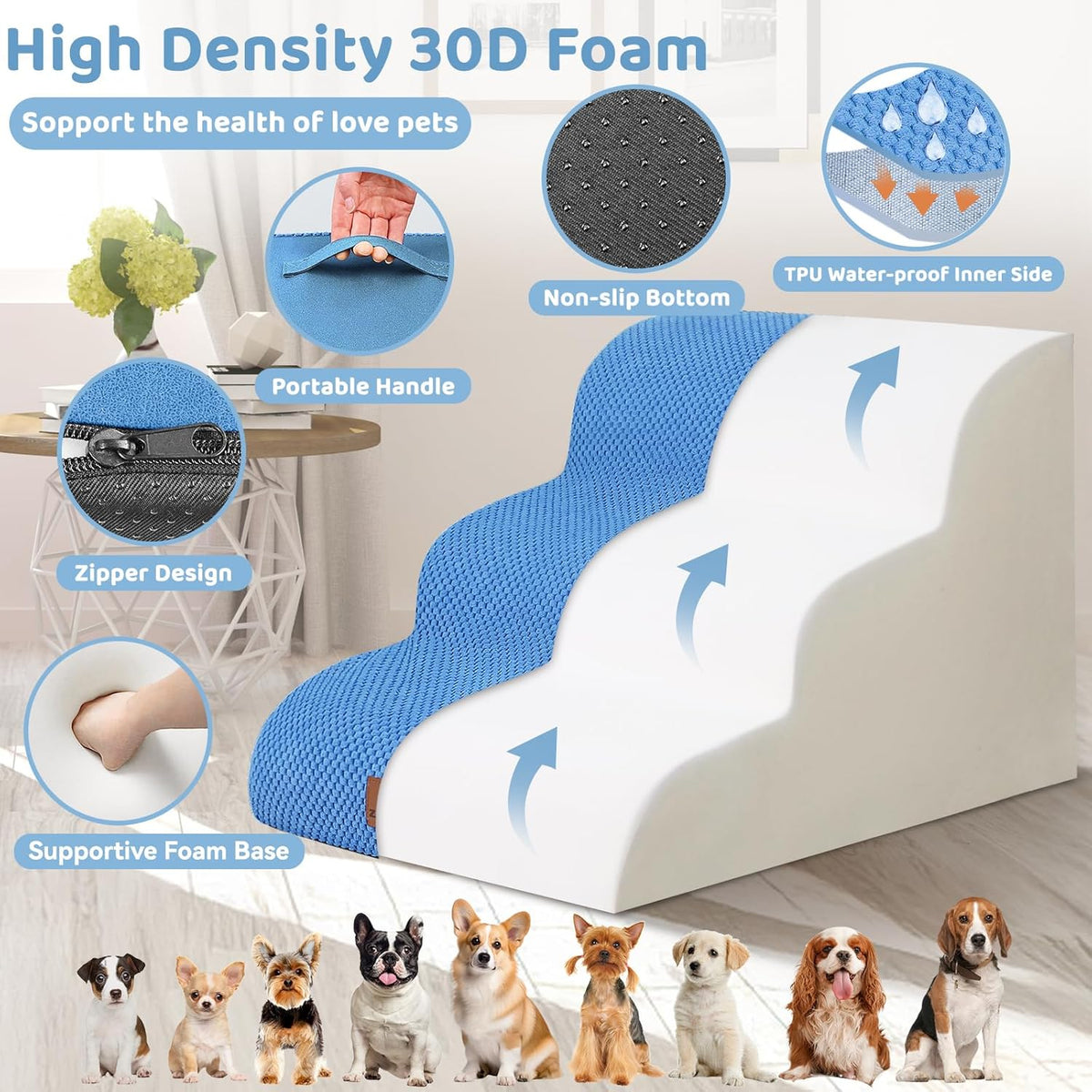 Dog Ramp and Stair for Bed 16" H-20 H,3-Step Cat Stair for Sofa and Chair,4-Step Dog Ramp for High
