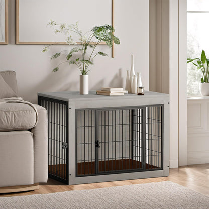 Bigrab Dog Crate Furinture with Thick Cushion, Side End Table Wooden Dog Cage with Double Doors