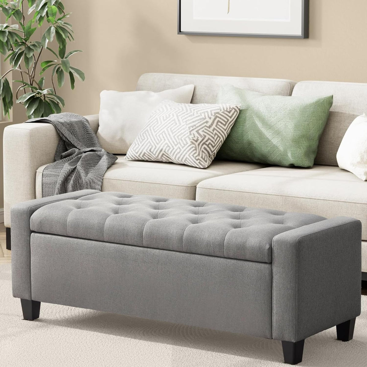 Ottoman with Storage, 48.8" Fabric Storage Ottoman Bench with Hinge, Bedroom Bench, Upholstered