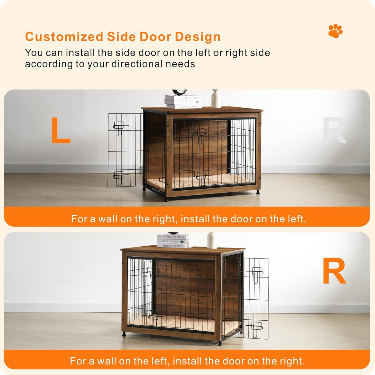 DWANTON Dog Crate Furniture with Cushion, Wooden Kennel Table with Double Doors, Indoor Dog House
